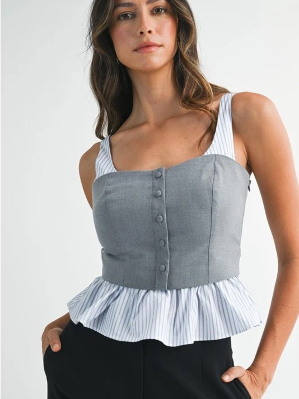 ZARA Combination Striped Poplin Top Gray Marl 2180/437/803 Bustier Corset Peplum